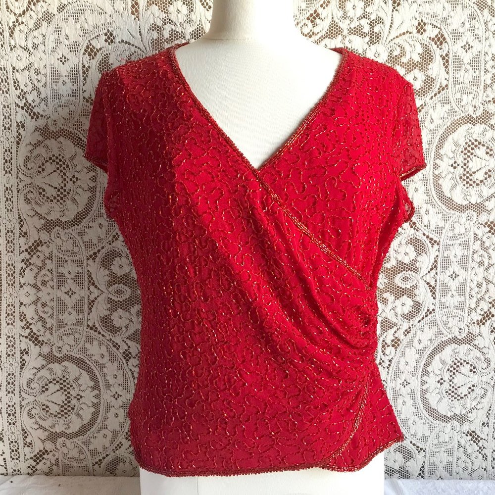 Red Beaded Draped Cap Sleeve Sparkly Top NWT